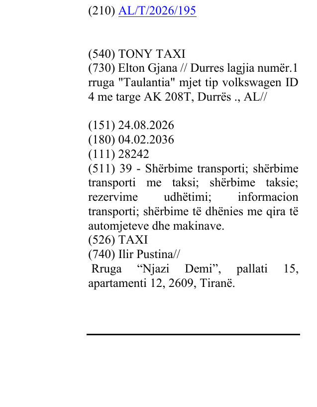 Zëri i markës TONY TAXI në buletin