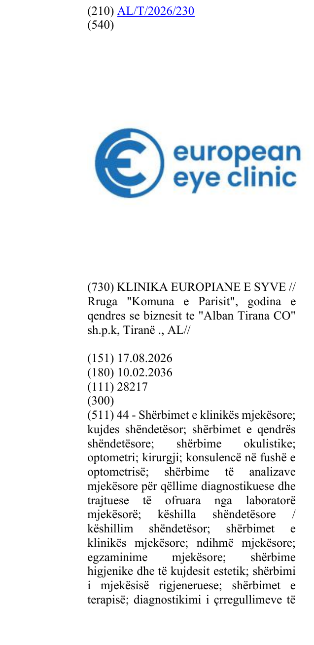 Zëri i markës European; Eye: Clinic në buletin