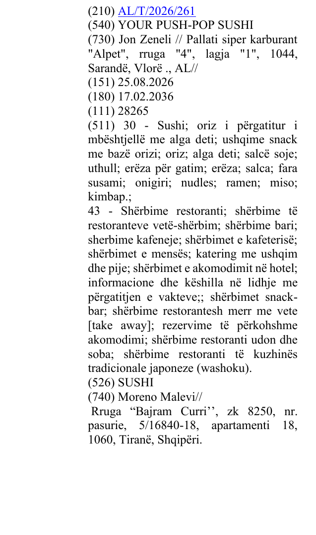 Zëri i markës YOUR PUSH-POP SUSHI në buletin