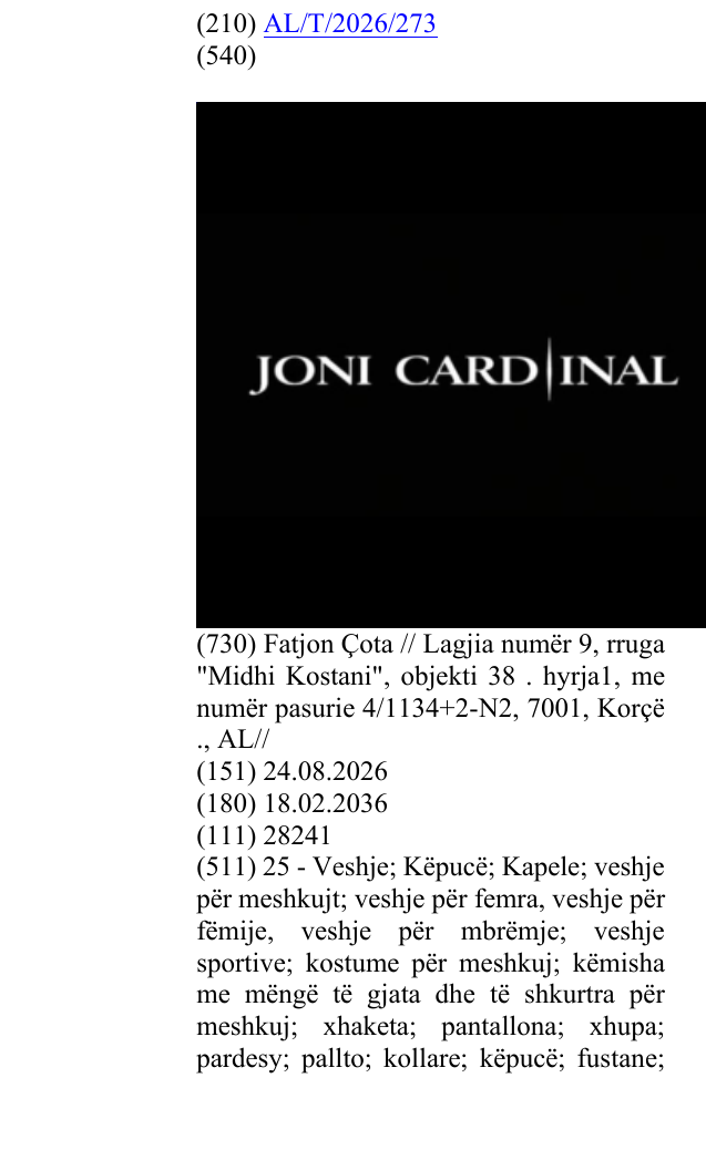 Zëri i markës JONI CARD INAL në buletin