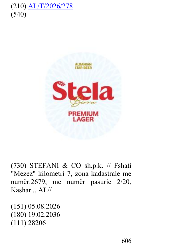 Zëri i markës Albanian Star Beer; Birra; Premium lager në buletin