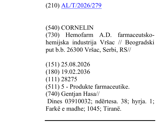 Zëri i markës CORNELIN në buletin