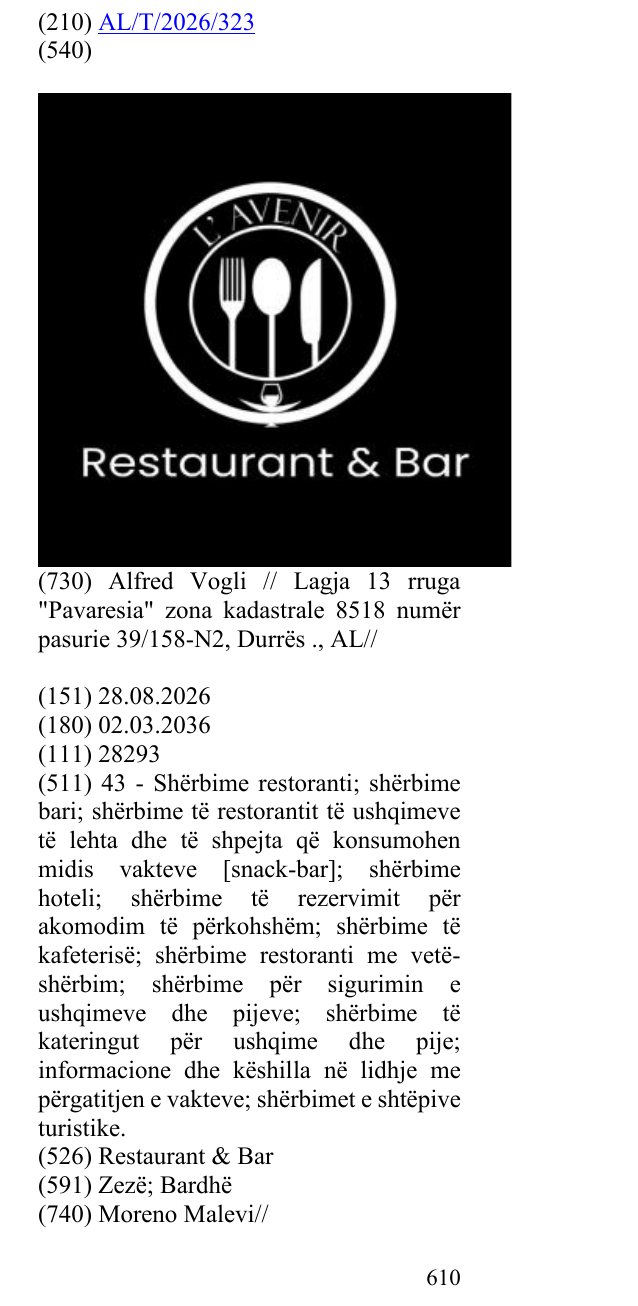Zëri i markës Restaurant & Bar në buletin
