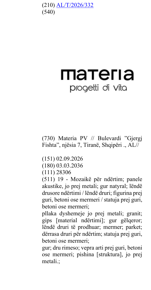 Zëri i markës MATERIA Progetti di Vita në buletin