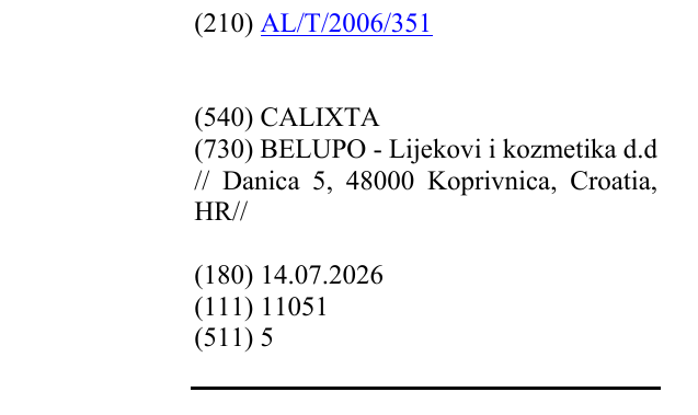 Zëri i markës CALIXTA në buletin