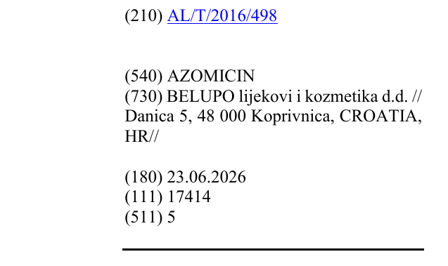 Zëri i markës AZOMICIN në buletin