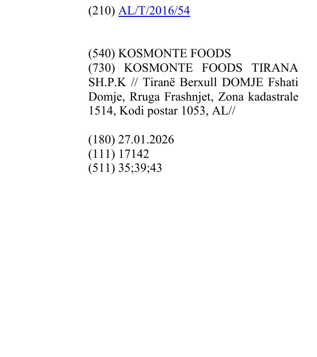Zëri i markës KOSMONTE FOODS në buletin