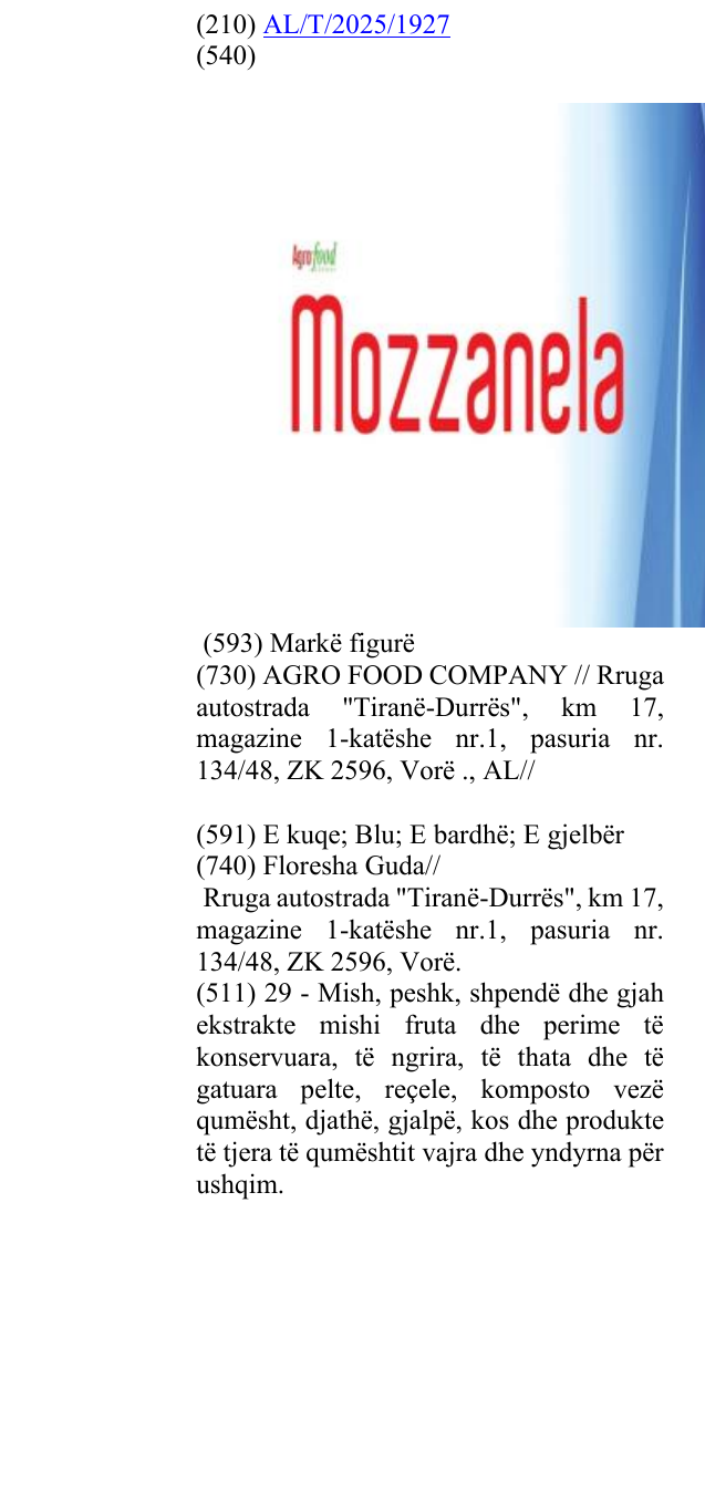 Zëri i markës Agrofood Company Mozzanela në buletin