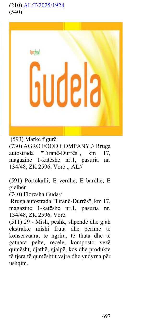 Zëri i markës Agrofood Company Gudela në buletin