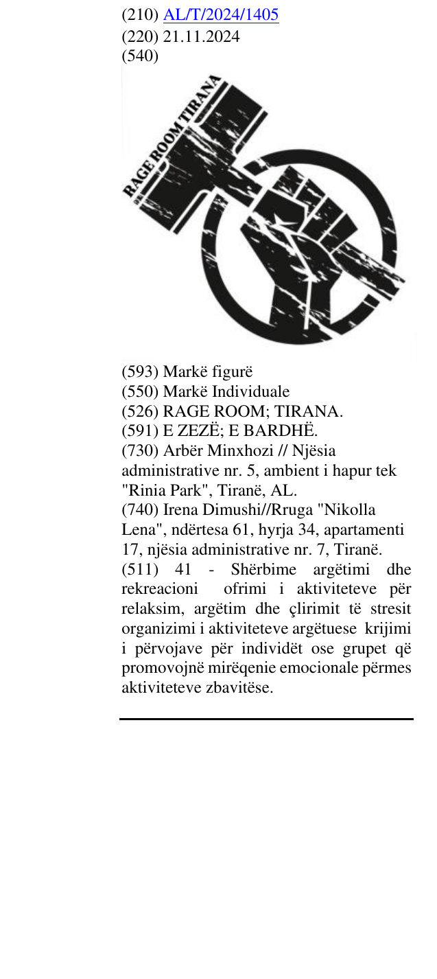 Zëri i markës RAGE ROOM; TIRANA. në buletin