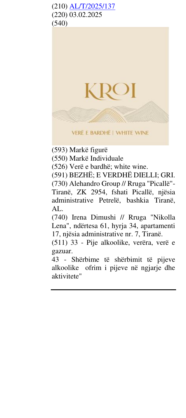 Zëri i markës Verë e bardhë; white wine. në buletin