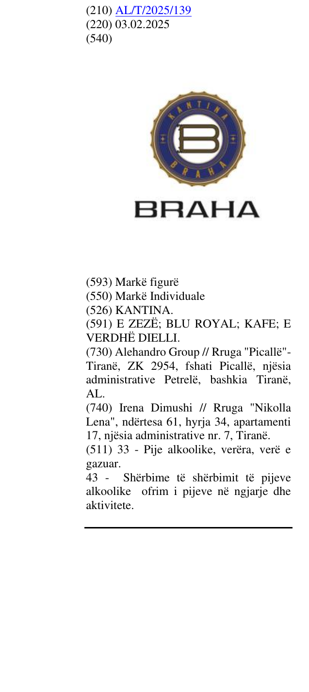 Zëri i markës KANTINA. në buletin