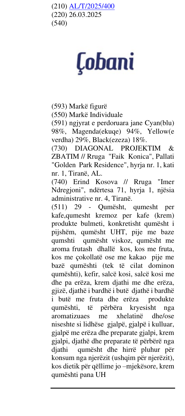 Zëri i markës ÇOBANI në buletin