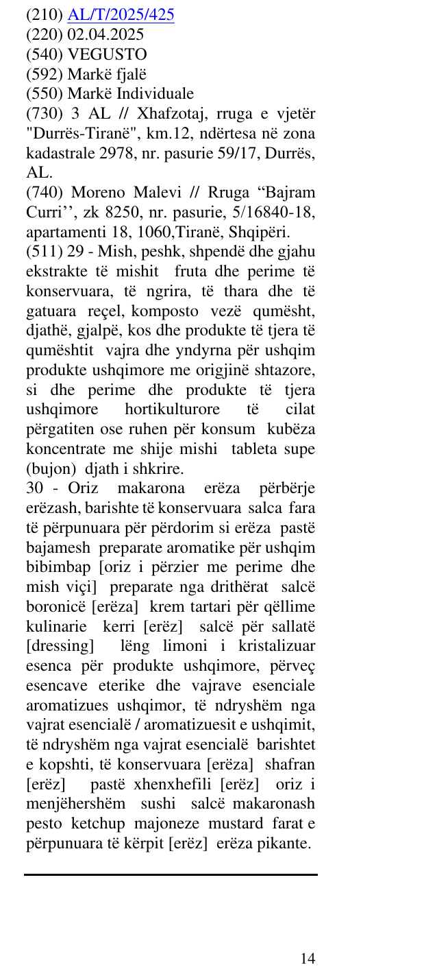 Zëri i markës VEGUSTO në buletin
