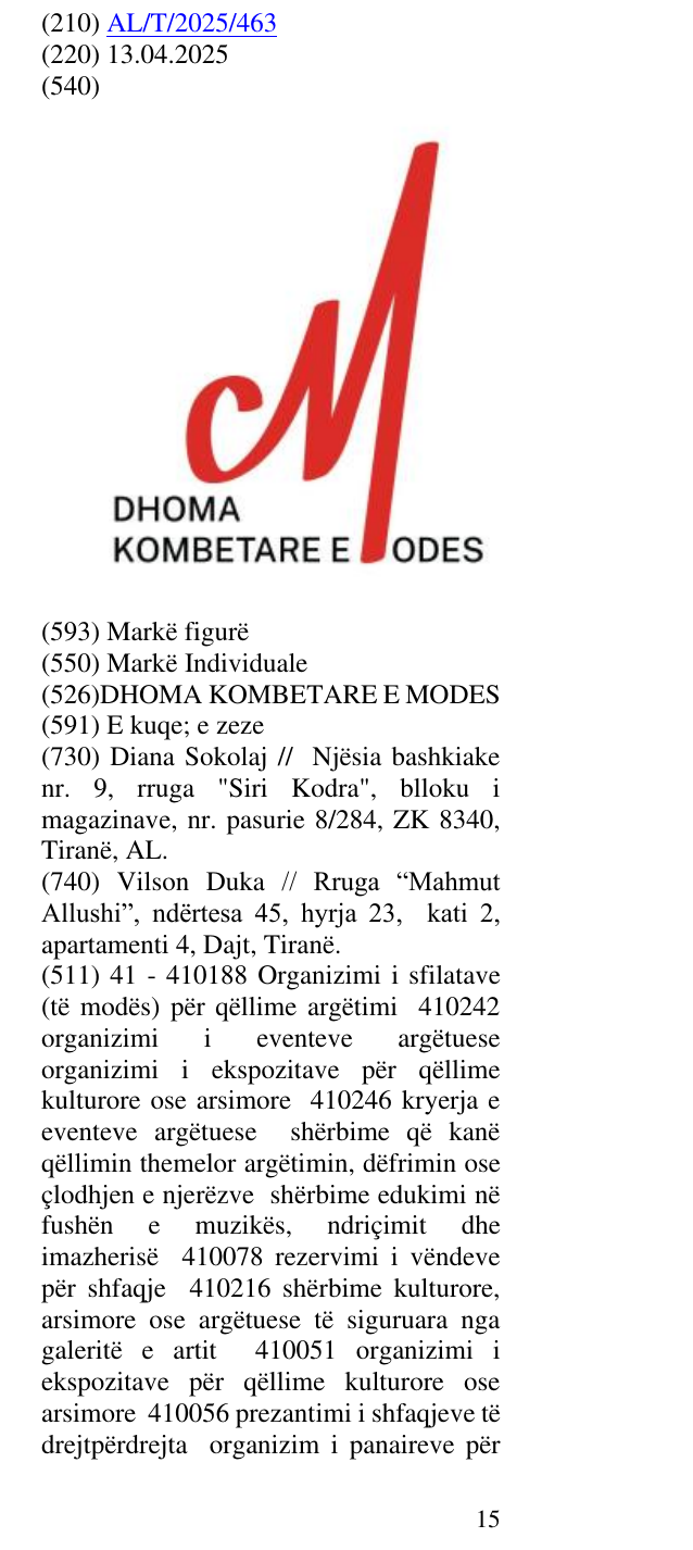 Zëri i markës DHOMA KOMBETARE E MODES në buletin
