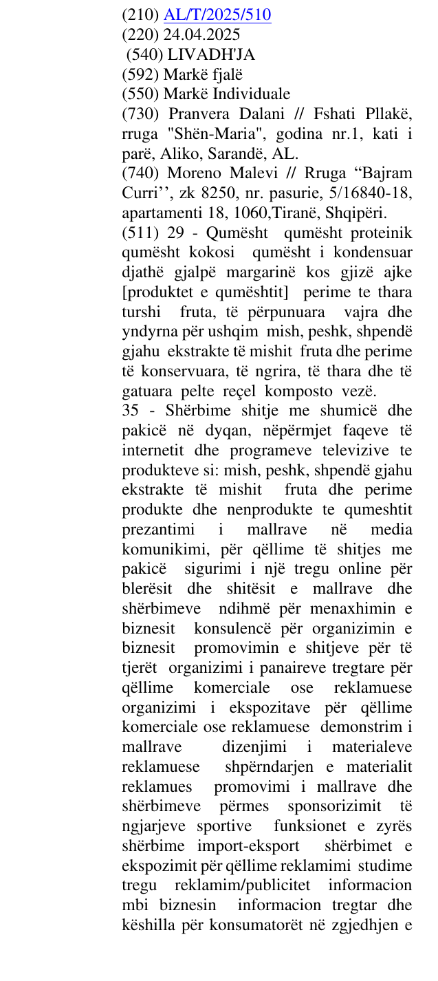Zëri i markës LIVADH'JA në buletin