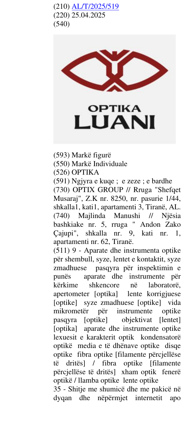 Zëri i markës OPTIKA në buletin