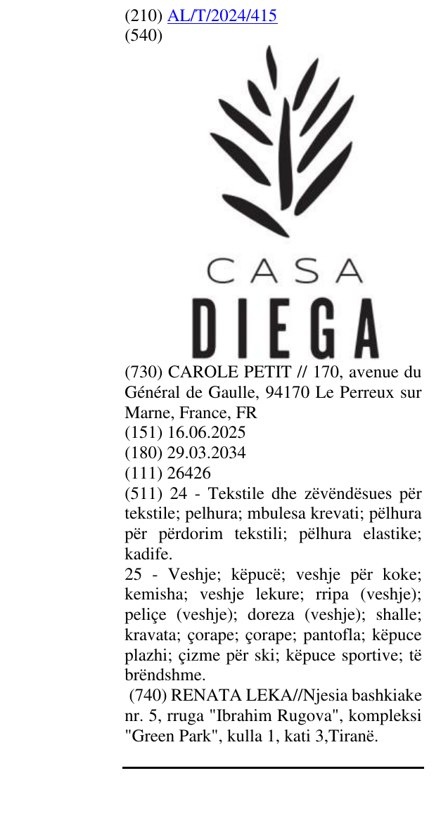 Zëri i markës CASA DIEGA në buletin