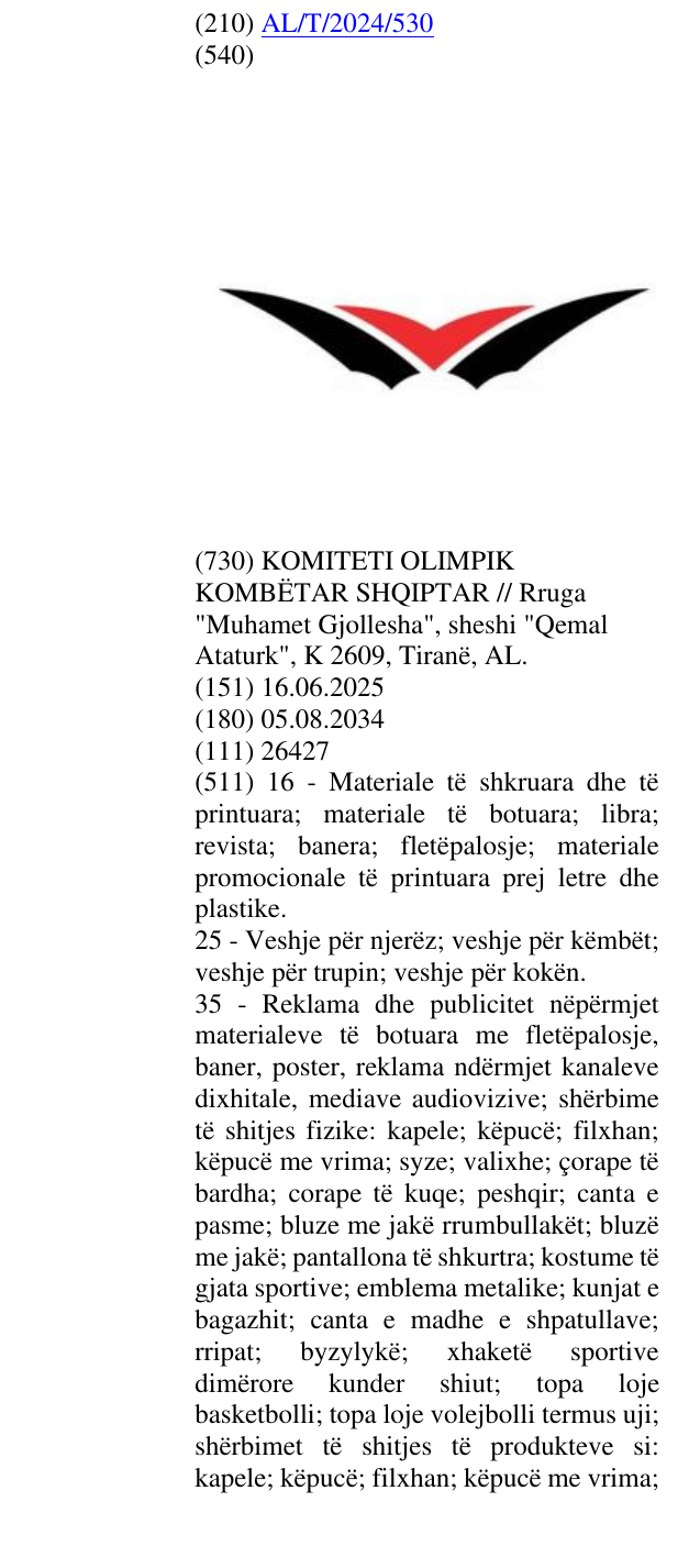 Zëri i markës AL/T/2024/530 në buletin