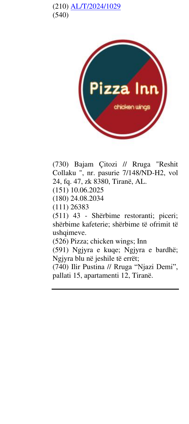 Zëri i markës Pizza; chicken wings; Inn në buletin