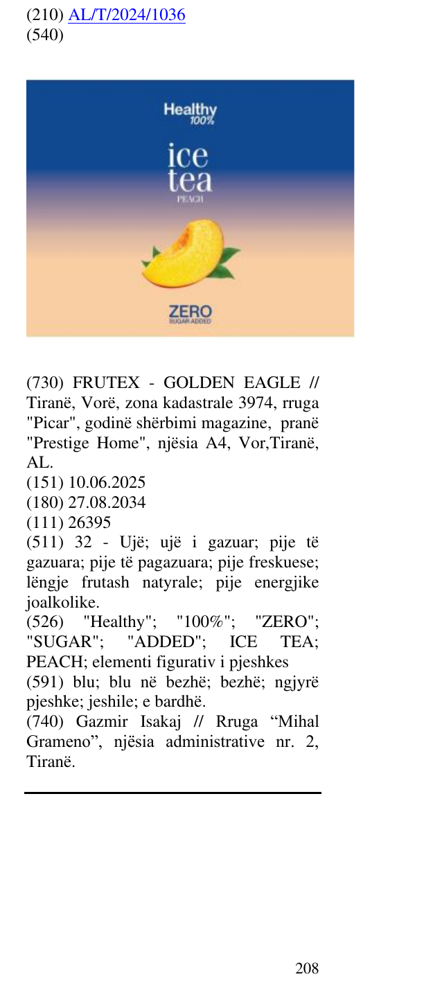 Zëri i markës "Healthy"; "100%"; "ZERO"; "SUGAR"; "ADDED"; ICE TEA; PEACH; elementi figurativ i pjeshkes në buletin