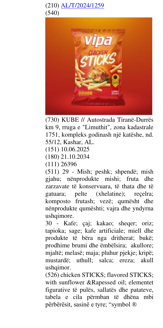 Zëri i markës chicken STICKS; flavored STICKS; with sunflower &Rapessed oil; elementet figurative të pulës, sallatës dhe patateve, tabela e cila përmban të dhëna mbi përbërësit, sasinë e tyre; “symbol ® në buletin