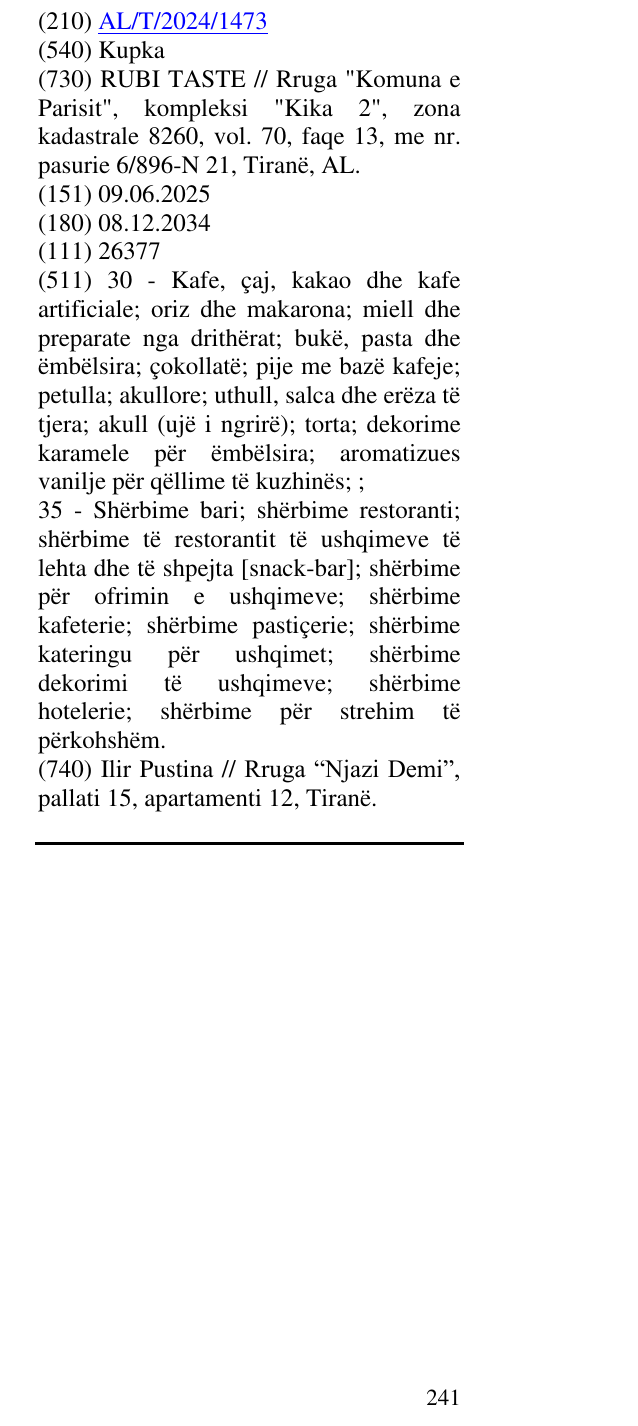 Zëri i markës Kupka në buletin