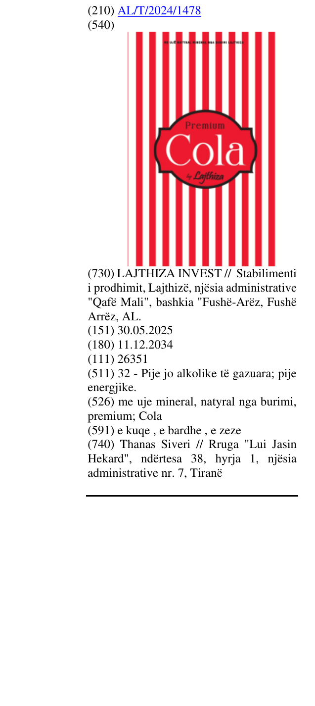 Zëri i markës me uje mineral, natyral nga burimi, premium; Cola në buletin