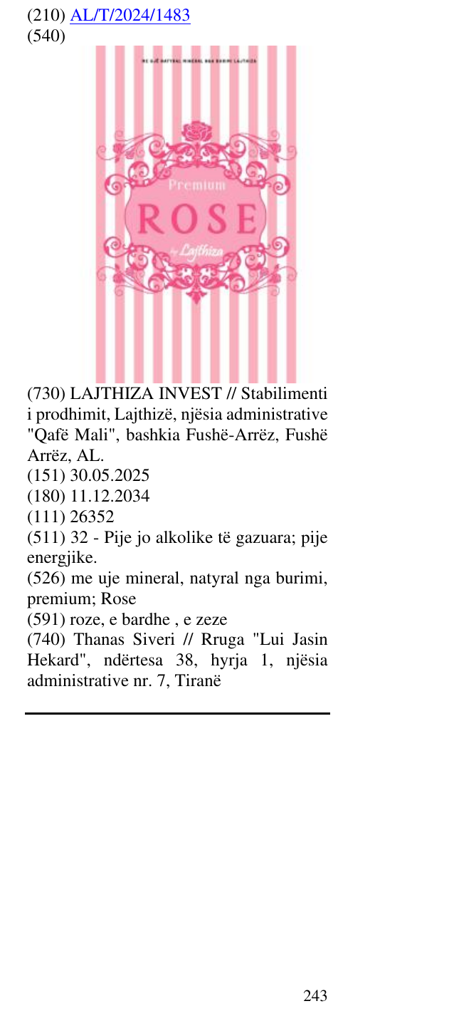 Zëri i markës me uje mineral, natyral nga burimi, premium; Rose në buletin