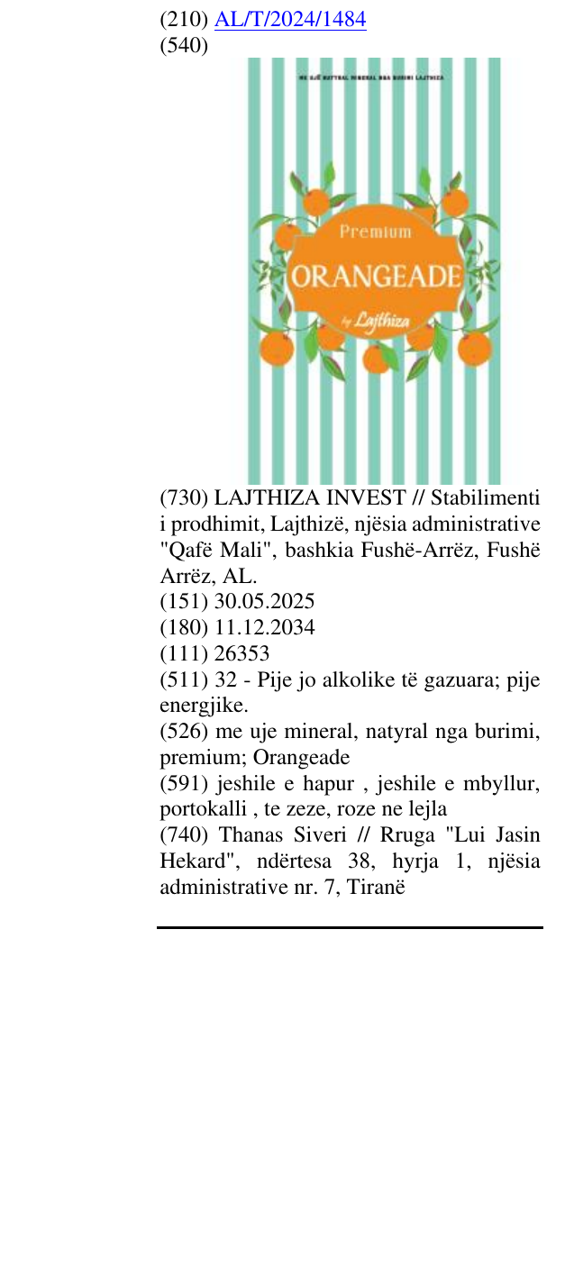 Zëri i markës me uje mineral, natyral nga burimi, premium; Orangeade në buletin