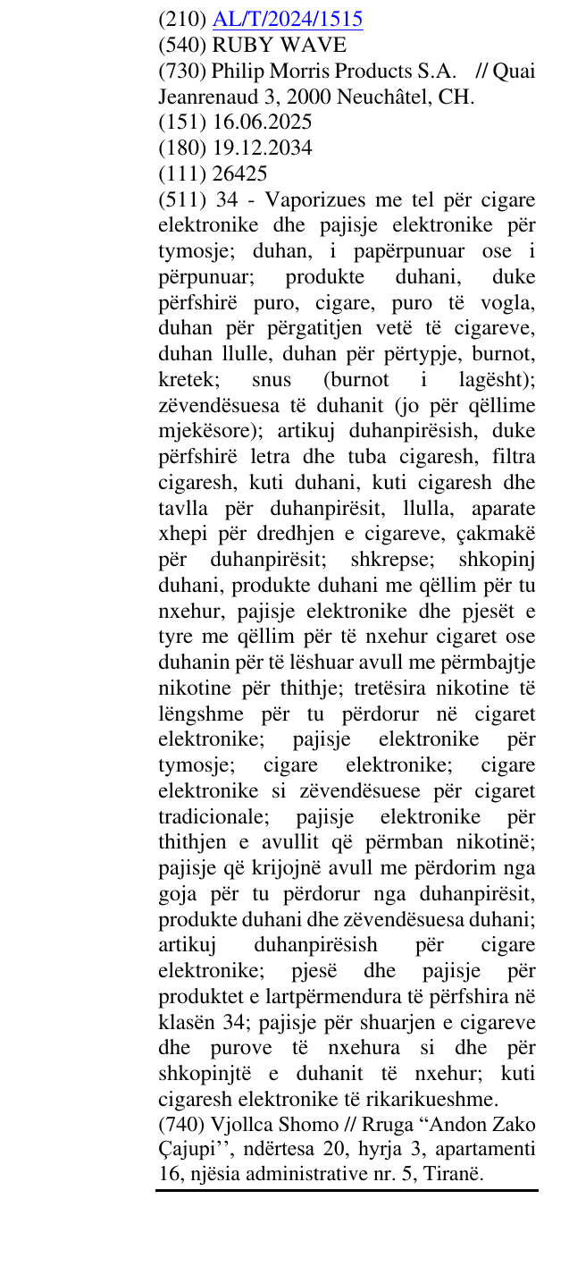 Zëri i markës RUBY WAVE në buletin