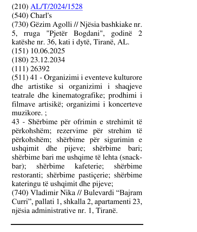 Zëri i markës Charl's në buletin