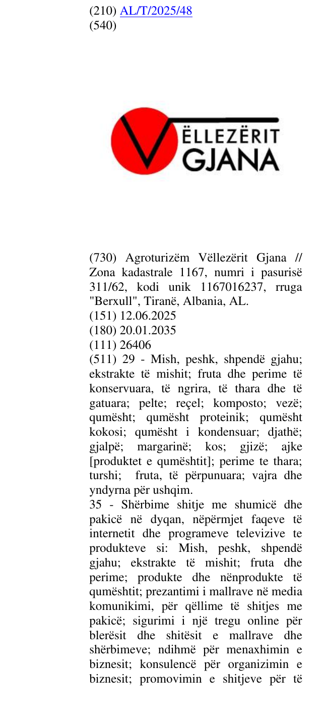 Zëri i markës VËLLEZËRIT GJANA në buletin
