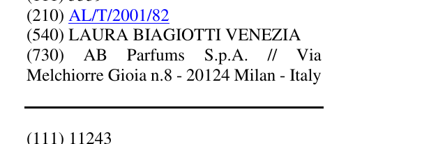 Zëri i markës LAURA BIAGIOTTI VENEZIA në buletin