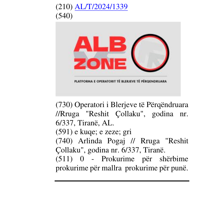 Zëri i markës AL/T/2024/1339 në buletin