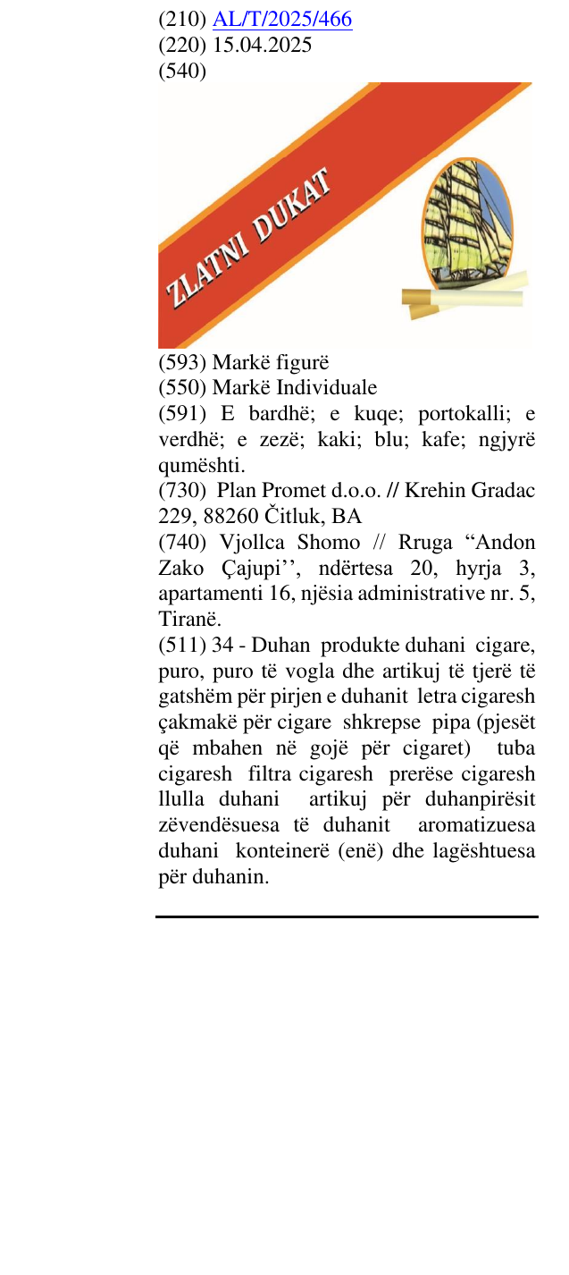 Zëri i markës ZLATNI DUKAT në buletin