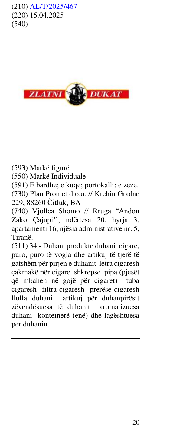 Zëri i markës ZLATNI DUKAT në buletin