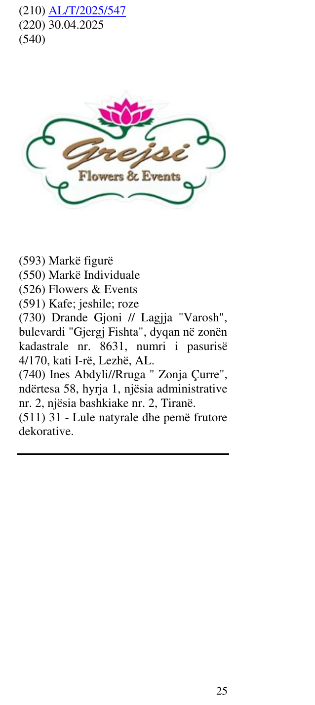 Zëri i markës Flowers & Events në buletin