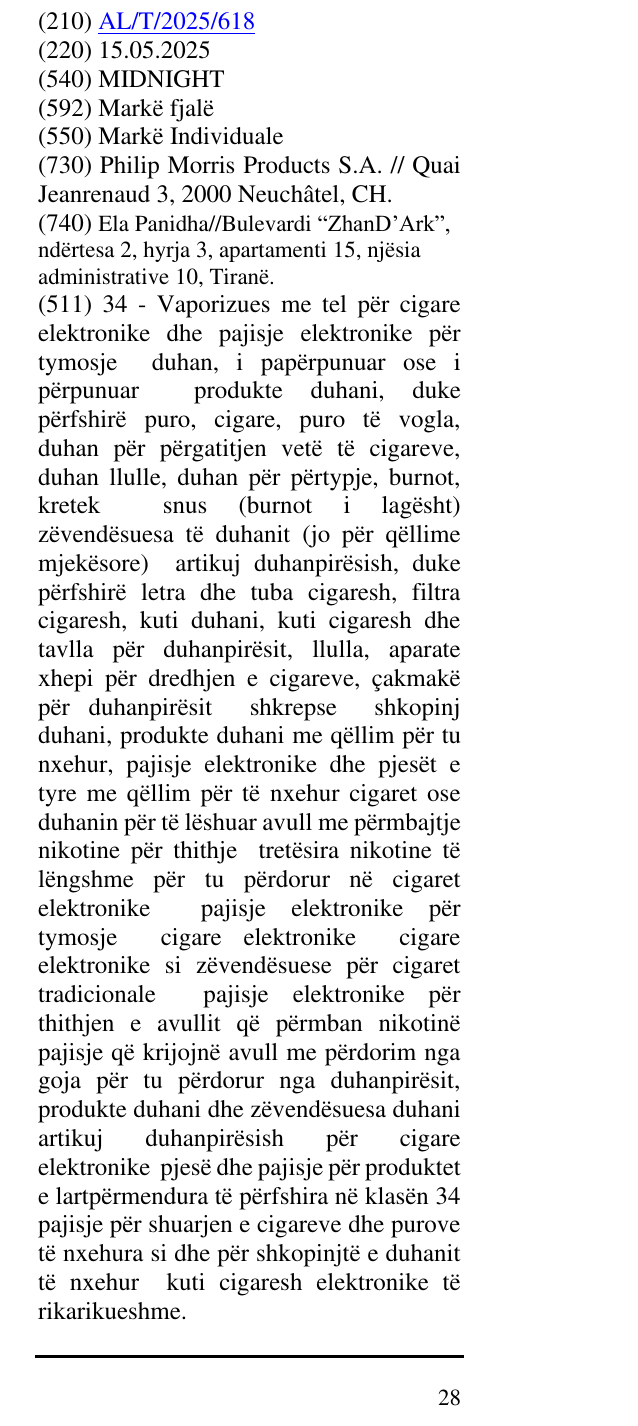 Zëri i markës MIDNIGHT në buletin