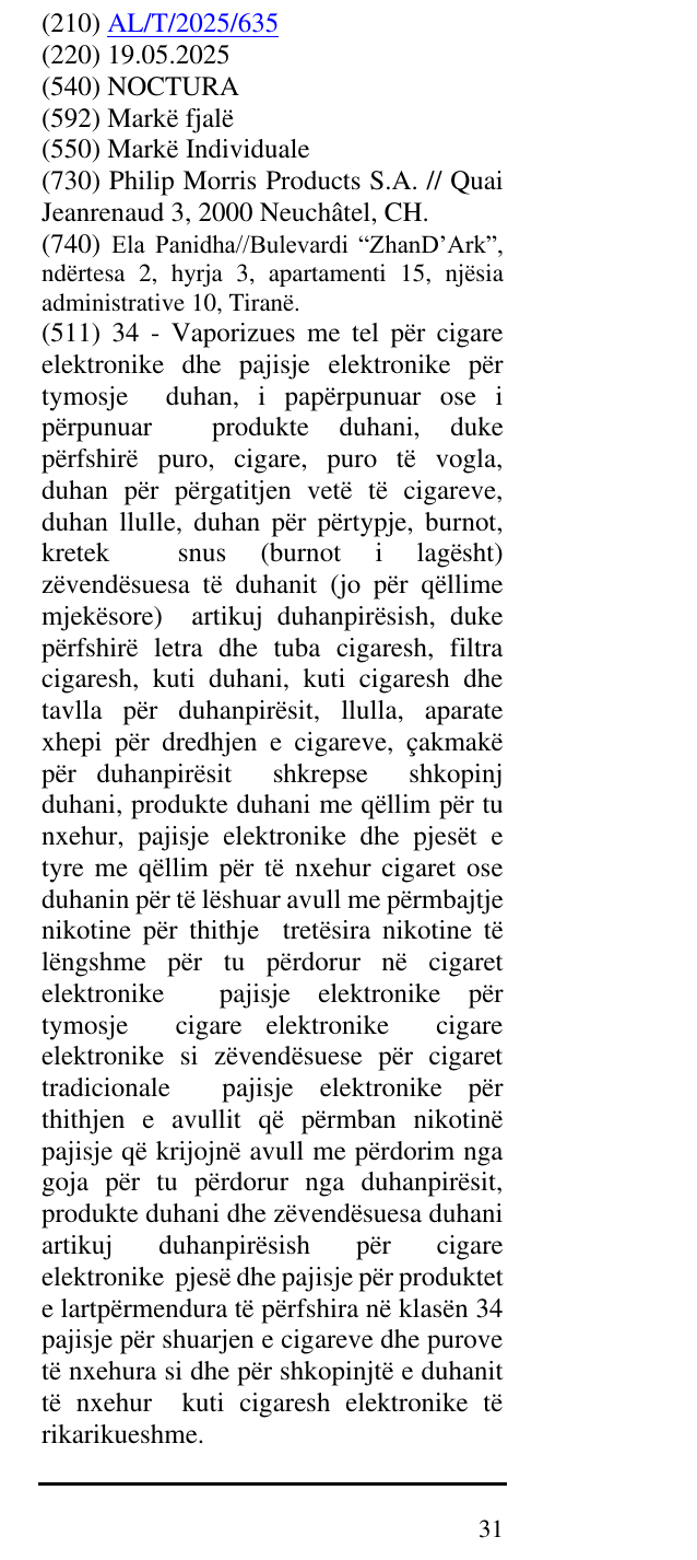 Zëri i markës NOCTURA në buletin