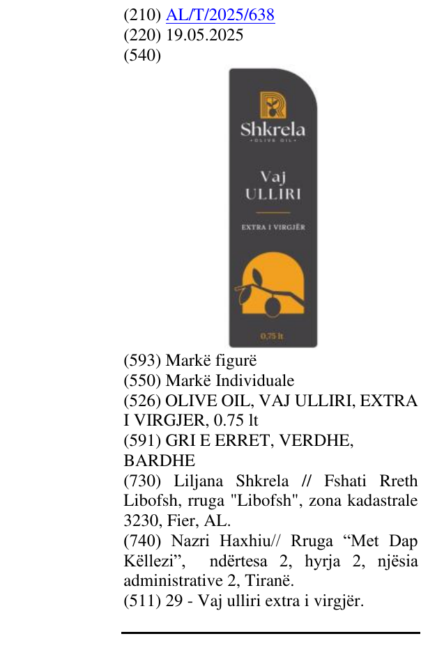 Zëri i markës OLIVE OIL, VAJ ULLIRI, EXTRA I VIRGJER, 0.75 lt në buletin