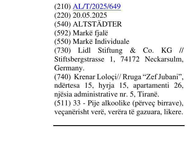 Zëri i markës ALTSTÄDTER në buletin
