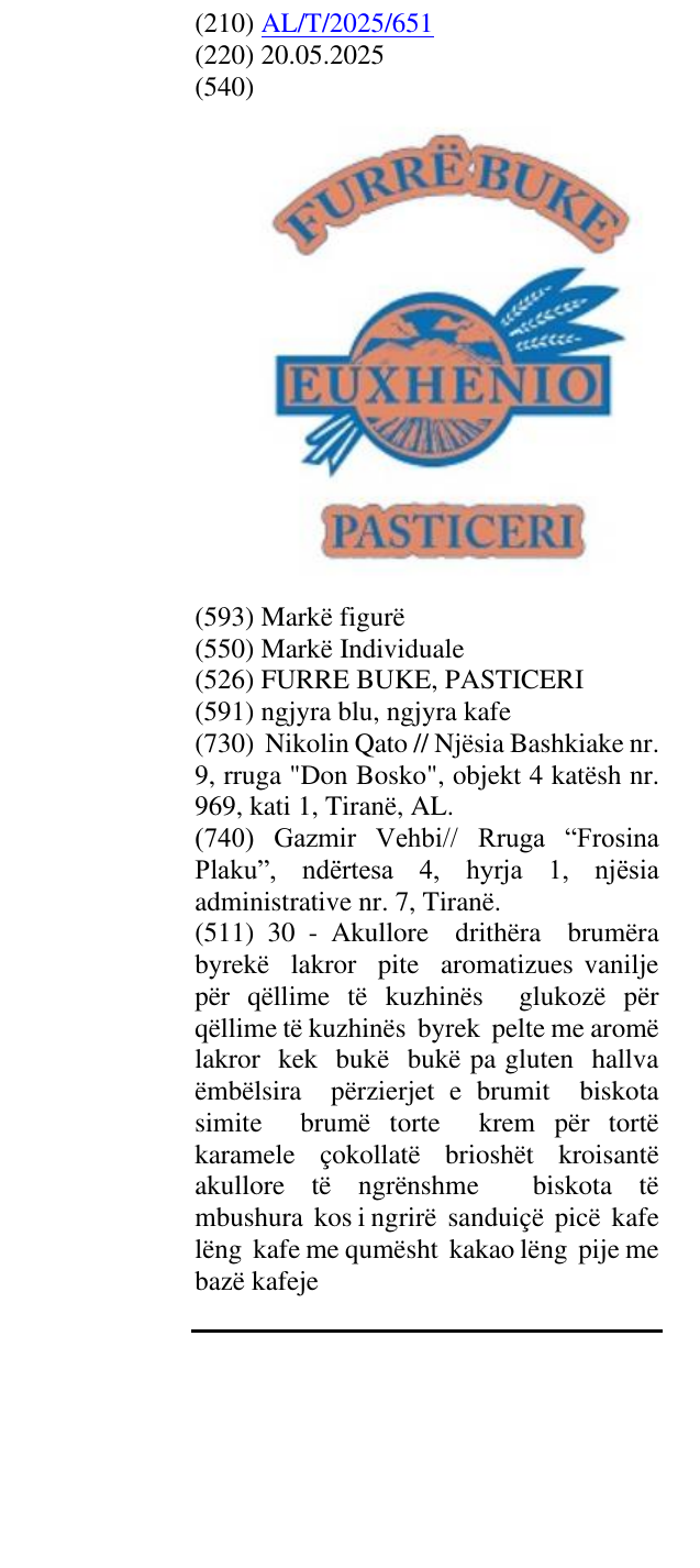 Zëri i markës FURRE BUKE, PASTICERI në buletin