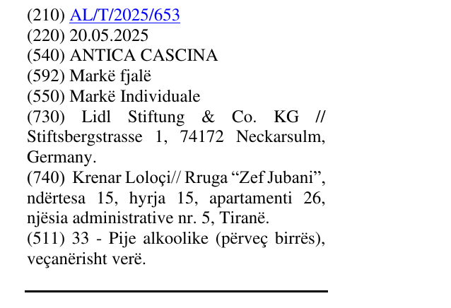 Zëri i markës ANTICA CASCINA në buletin