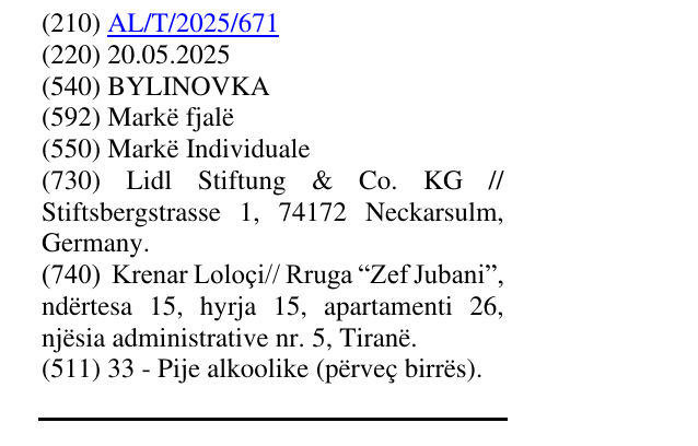Zëri i markës BYLINOVKA në buletin
