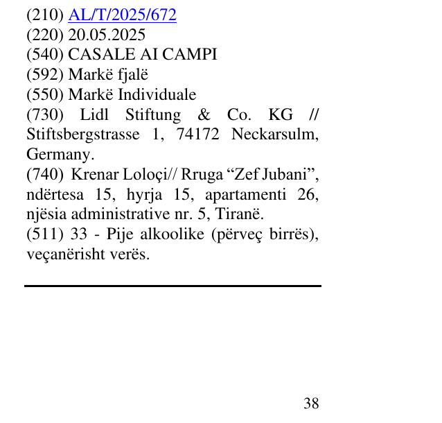 Zëri i markës CASALE AI CAMPI në buletin