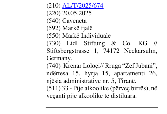 Zëri i markës Caveneta në buletin
