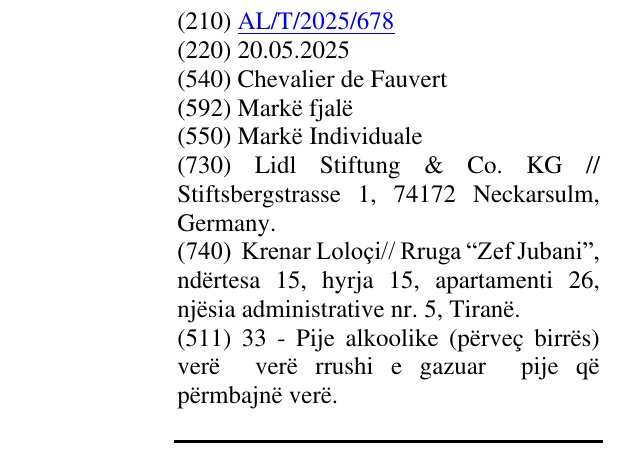 Zëri i markës Chevalier de Fauvert në buletin