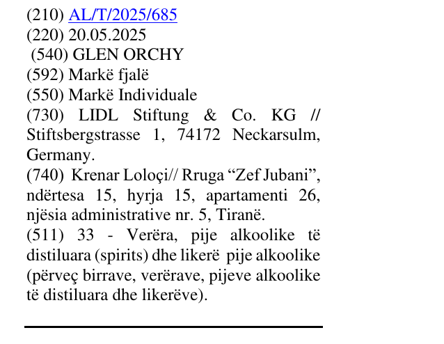 Zëri i markës GLEN ORCHY në buletin