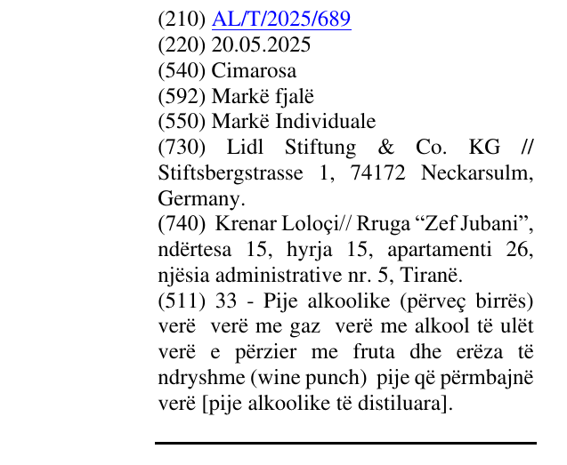 Zëri i markës Cimarosa në buletin